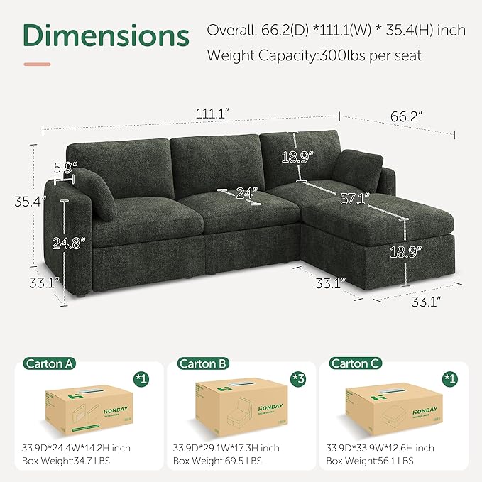 HONBAY Modular Sectional Couch with Storage Seats L Shaped Sectional Sofa with Storage Chenille Sectional Couches for Living Room Green