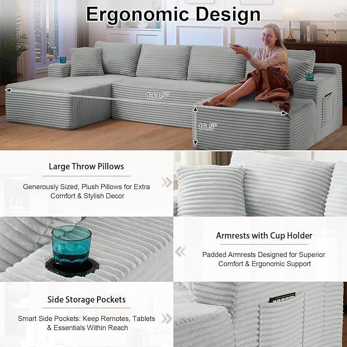 134 Inch U-Shaped Sectional Couch Oversized Modular Corduroy Sofa with Double Chasies 4-Seater Modern Deep Seat Boneless Cloud Couch for Living Room No Assembly Required Light Gray