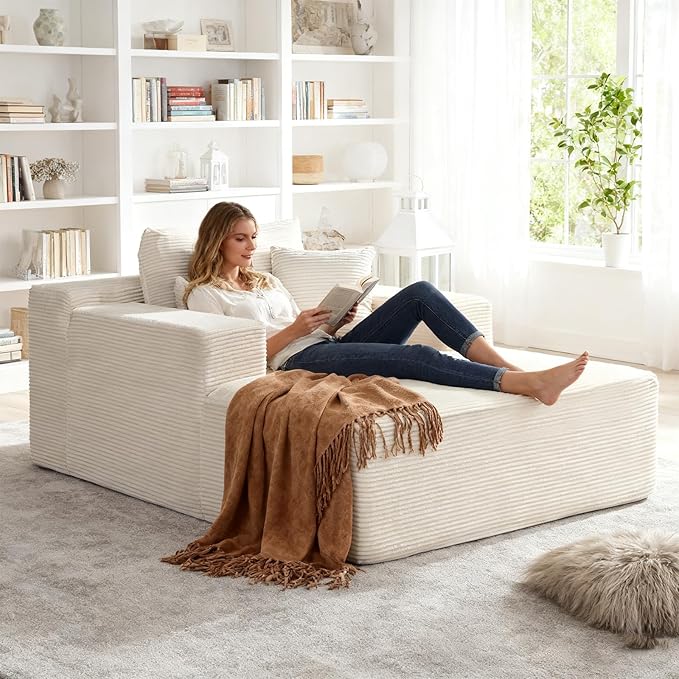 66 Oversized Chaise Lounge Chair Indoor Corduroy Upholstered Sofa Bed with Pocket Springs&ampHigh-Density Foam Deep Seat Sleeper Couch with 3 Pillows No Assembly for Living Room (Beige)
