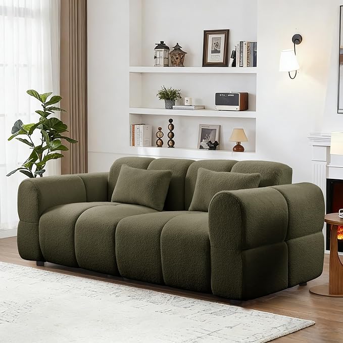 80 Modern Sofa Couch Comfy Deep Seat Teddy Cloud Sofa Upholstered 3-Seater Boucle Couch Oversized Loveseat for Living Room Bedroom Office Apartment(Green)