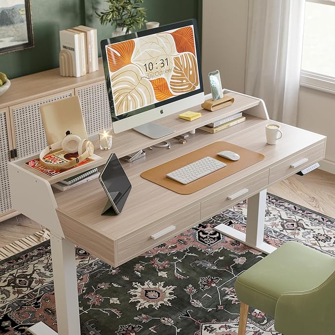 CubiCubi Standing Desk 55x26 Inches with 3 Wood Drawers and Monitor Shelf Ergonomic Rising Home Office Desks Height Adjustable Computer Desk Sit Stand Up Electric Workstation Table Pale Walnut