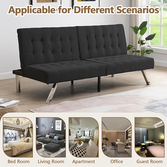 Modern Convertible Futon Sofa Bed Adjustable Loveseat Futon Couch with Metal Legs Upholstered Sofa Bed with Wood Frame Sleeper Couches for Small Compact RV Living RoomOffice (Black-Fabric)
