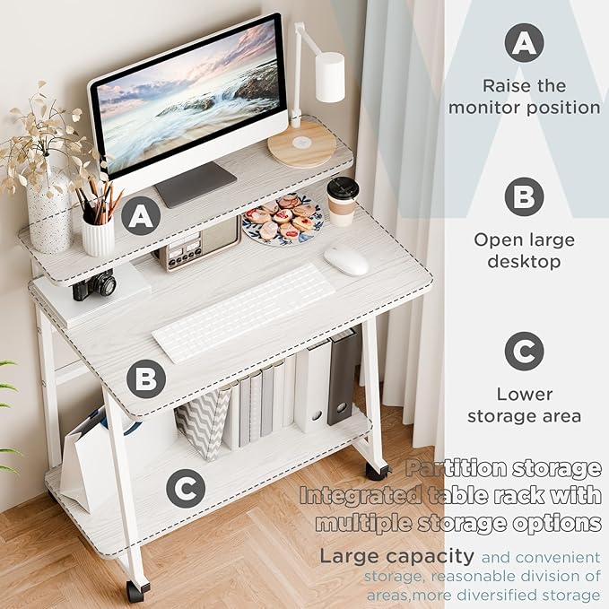 Rolling Computer Desk on Wheels for Small Space 3-Tiers Home Office Desk with Monitor Stand and Storage Shelves Freestanding Mobile Writing Table Laptop Table White