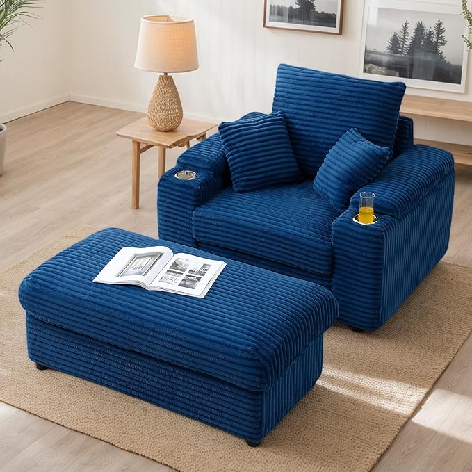 43.3 W Corduroy Chaise Lounge Chair with with Cup Holders &amp Storage Ottoman Comfy Sleeper Chair with 2 Pillow Extra Wide Armrests Modern Deep Seat Reading Armchair for Living Room (Blue)