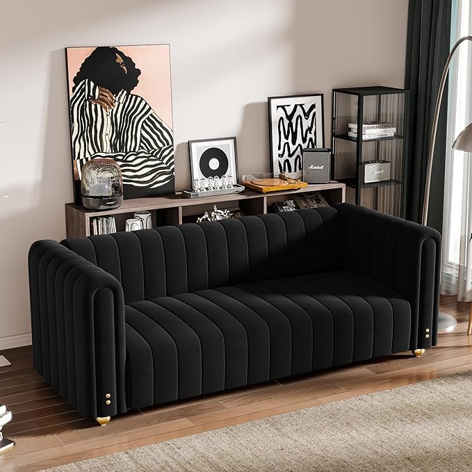 81.3'' Black Velvet Sofa Couch with Gold Metal Ball Legs Modern Mid Century Oversized 3-Seater Loveseat Comfy Couches for Living Room Office and Apartment