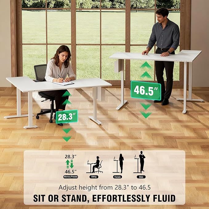 L Shaped Electric Standing Desk63 Inch Adjustable Height Sit to Stand Corner Desk with Memory Presets Reversible Computer Table for Home Office Work and Study White