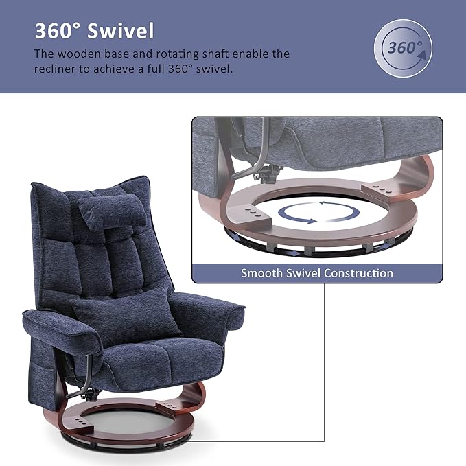 MCombo Swivel Recliner with Ottoman TV Chair Sets with Vibration Massage Ideal for Small Space Living Room &amp Bedroom 4188 (Blue)