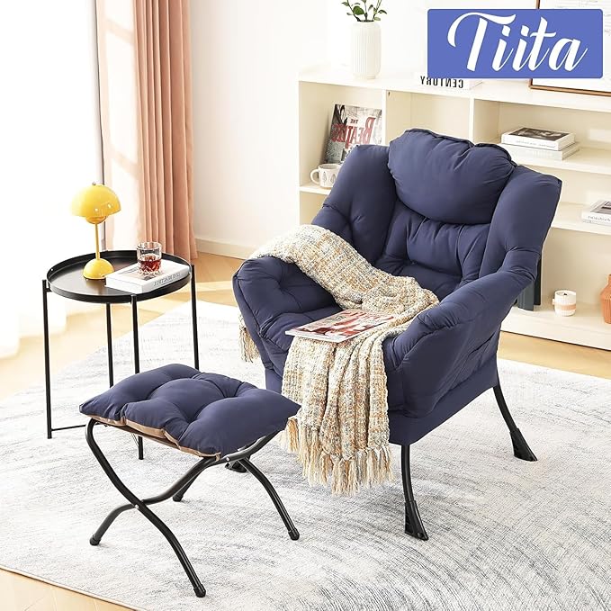 Tiita Lazy Chair with Ottoman Navy Modern Large Accent Chair Comfy Leisure Sofa Armchair with Ottoman Reading Chair with Footrest for Bedroom Living Room Dorm Rooms Navy