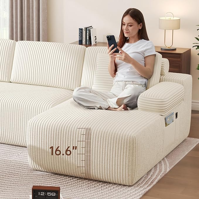 DURASPACE 126.2'' U Shaped Modular Sofa with Chaise Cloud Boneless Comfort Sectional Sofa Couch Modern Corduroy Deep Seat Couch Convertible 4-Seater for Living Room(Beige)