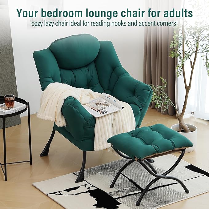 Lazy Chair with Ottoman Modern Accent Chair with Armrests and a Side Pocket Dark Green Accent Chairs Reading Chairs Oversized Armchairs for Bedroom Study Living Room Courtyard