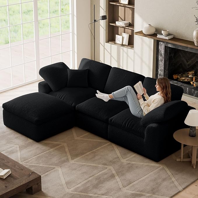 Cloud Sectional Couches for Living Room L Shaped Modular Sectional Sofa with Ottoman Convertible Corduroy Couch for Apartment 4 Seater Boneless Comfy Cloud Sofa No-Assembly Black
