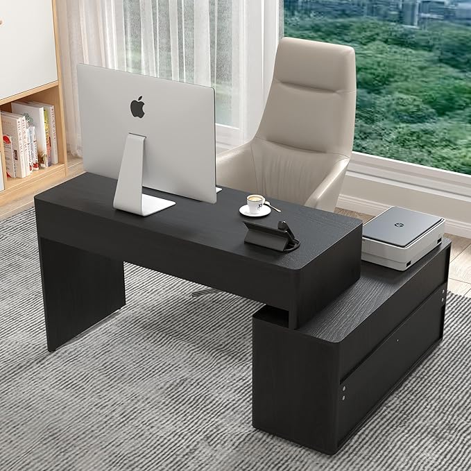 Modern Computer PC Desk Table with Storage Corner L Shaped Desk with Drawers Home Office Desk for Bedroom and Small Space for Writing Executive Study Work Vanity - Black