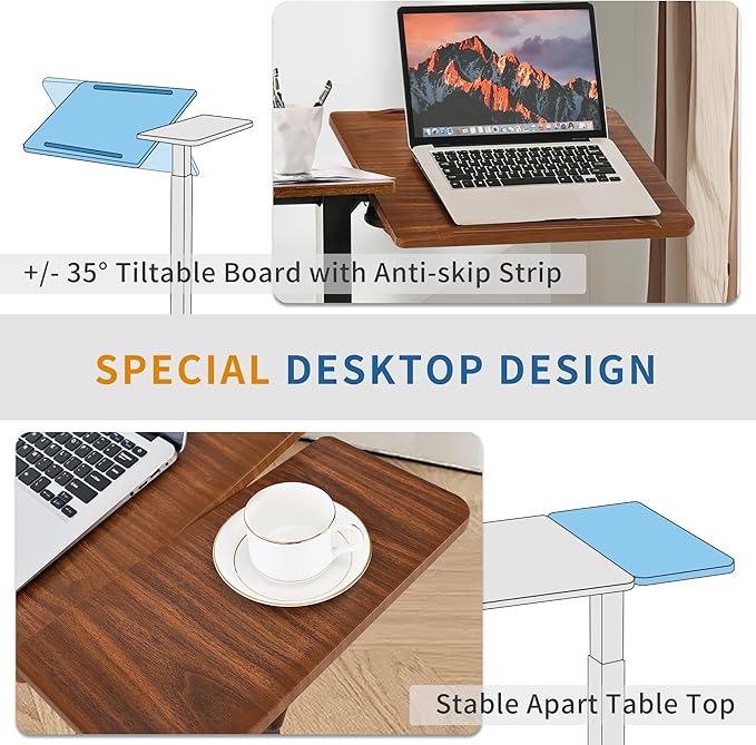 Adjustable Overbed Bedside Table with Hidden Wheels Pneumatic Tilt Board Rolling Laptop Standing Desk Cart Mobile Over Bed Sofa Chair Side End Tables Walnut (Walnut)
