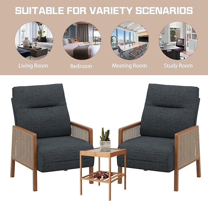 Alunaune Upholstered Natural Rattan Living Room Chairs Accent Chair Armchair Set of 2 Modern Slipper Club Chair Guest Reception Couch Comfy Single Sofa for Reading Bedroom-Grey