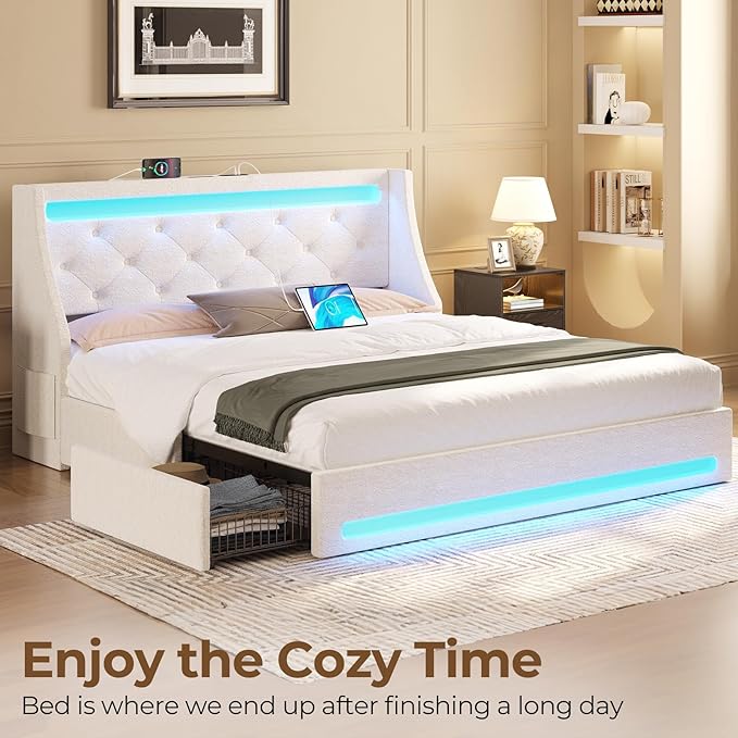 Rolanstar Full Bed Frame with LED Lights and Charging Station Upholstered Bed with Drawers Wooden Slats Noise Free Easy Assembly Beige
