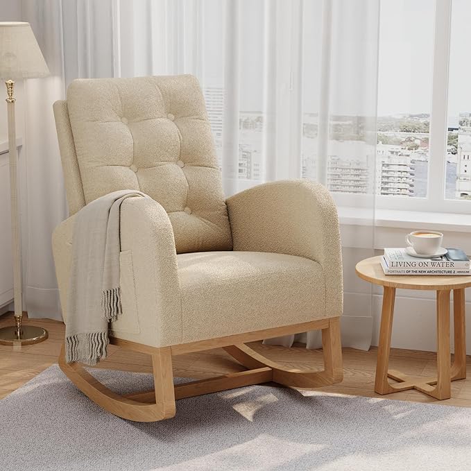 GarveeHome Nursery Rocking Chair Teddy Fleece Upholstery Sturdy Wooden Legs &amp High Backrest Comfortable Glider Rocking Chair for Living Room or Bedroom Light Brown