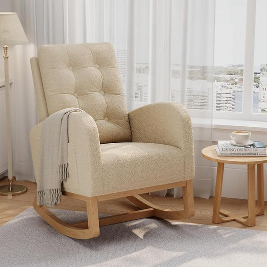 GarveeHome Nursery Rocking Chair Teddy Fleece Upholstery Sturdy Wooden Legs &amp High Backrest Comfortable Glider Rocking Chair for Living Room or Bedroom Light Brown