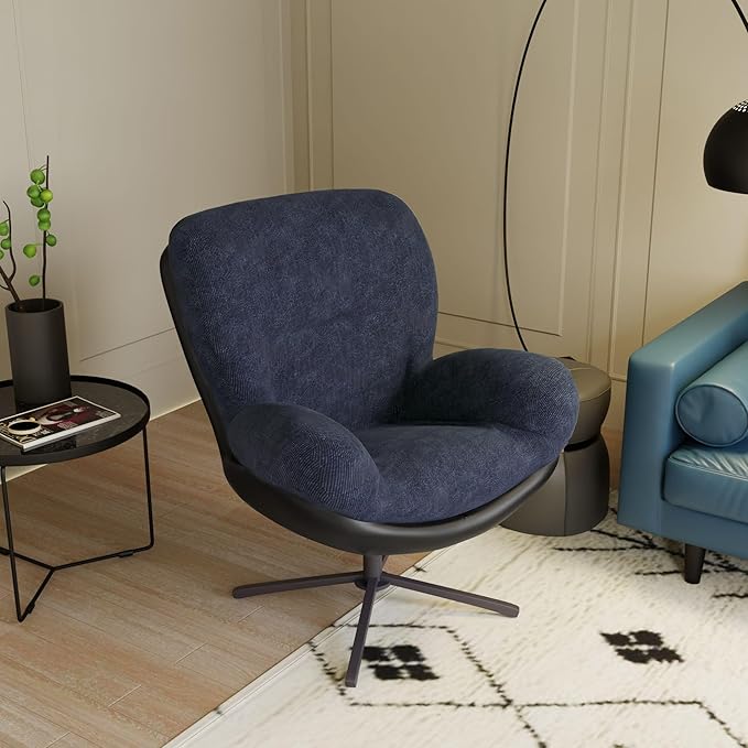 360° Swivel Chenille Chair Modern Lounge Chair with Faux Leather Accents and Black Metal Frame for Reading Nook Living Room Office