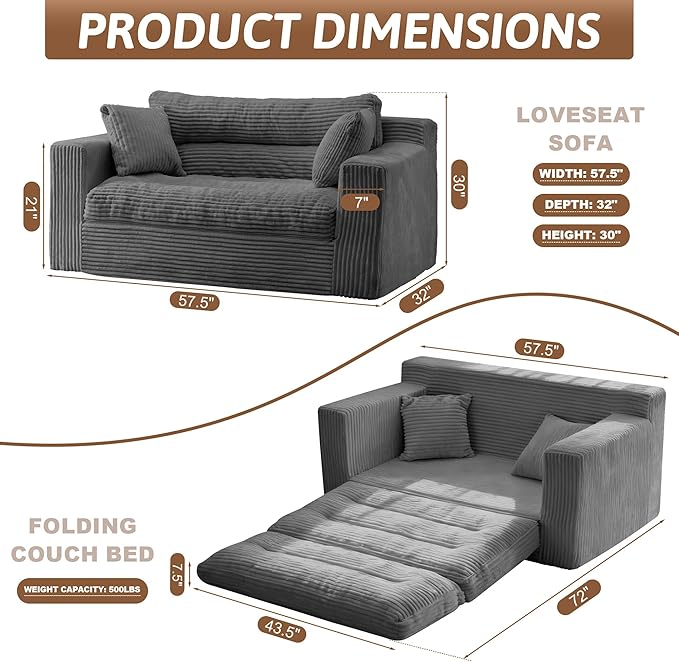 Convertible Sofa Bed Pull Out Boneless Couch Loveseat Floor Sofa Bed with Pillows 2-Seater Folding Sofa Loveseat Boneless Couch for Living Room Bedroom Apartment Office(Grey)