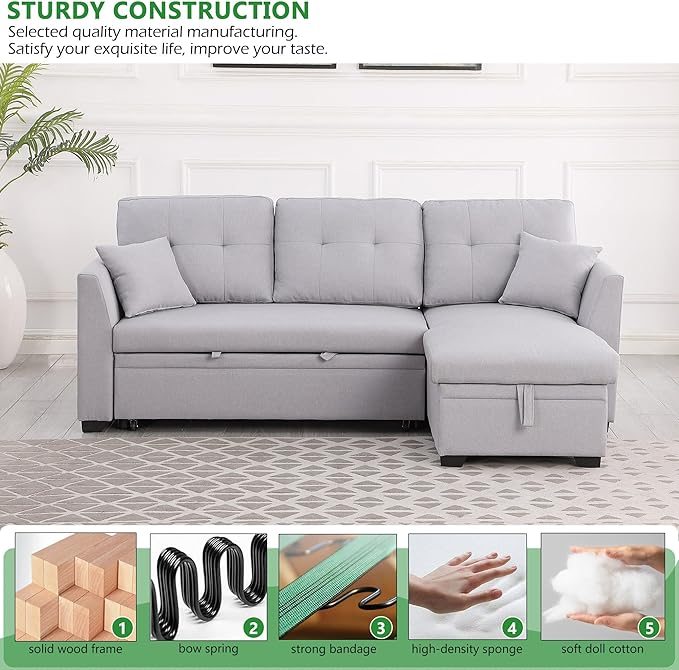 BEEY Sleeper Sofa Bed 82 Small Convertible Sectional Sofa Couch with Storage Chaise L Shaped Couch with Pull Out Bed for Bedroom Living Room (Light Grey F4002)