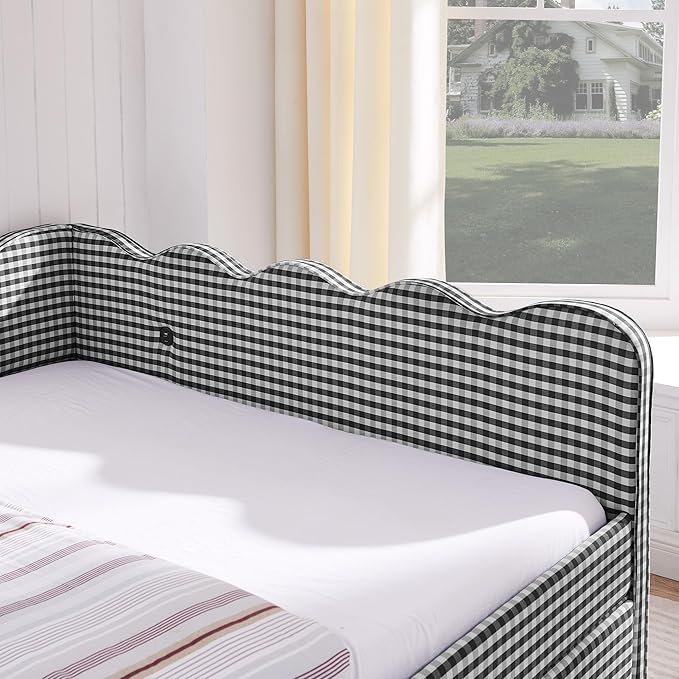 Cozy Gingham Daybed with 2 Drawers Queen Size Sofa Bed No Box Spring Needed with USB Port and Adorable Wave Shaped Linen Fabric Navy (Black+Queen+2 Drawers)