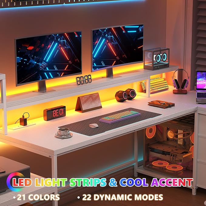 EnHomee 71 L Shaped Gaming Desk with LED LightsWhite Computer Desk with Drawers and Printer ShelfPower OutletReversible Home Office Desks with Storage and Monitor Stand