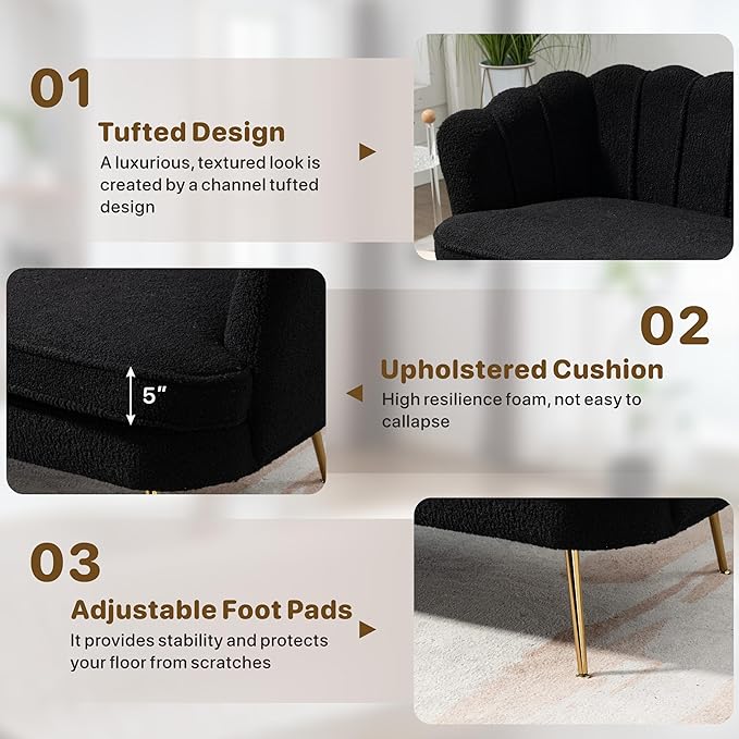 Mlmh &amp Kngwa Sherpa Boucle 2-Seater Sofa 59 Loveset Settee with Gold Metal Legs Comfy Upholstered Floral Mini Couch Sofa for Bedroom Living Room Apartment Black