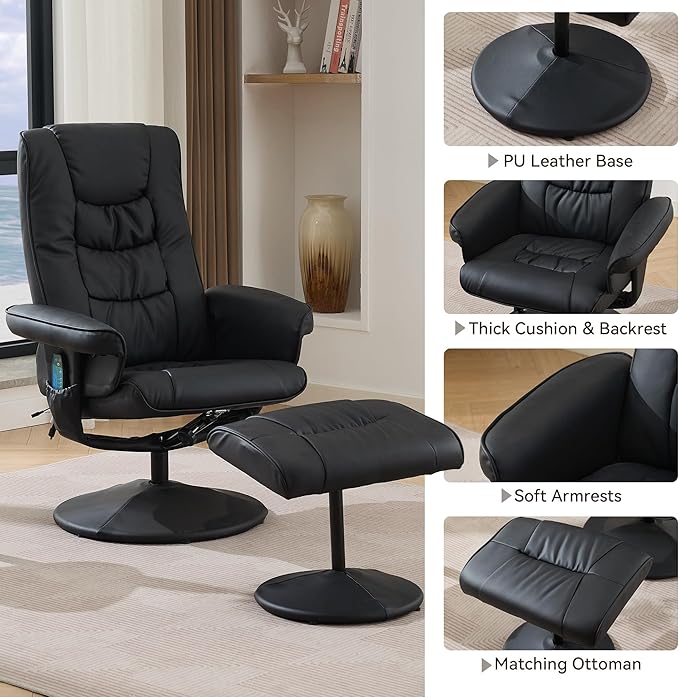 360° Swivel Office Chair with Ottoman Massage Lounge Chair with 5-Point Vibration &amp Heated Seat 140° Adjustable PU Leather Recliner for Living Room Home Theater or Office (Black)