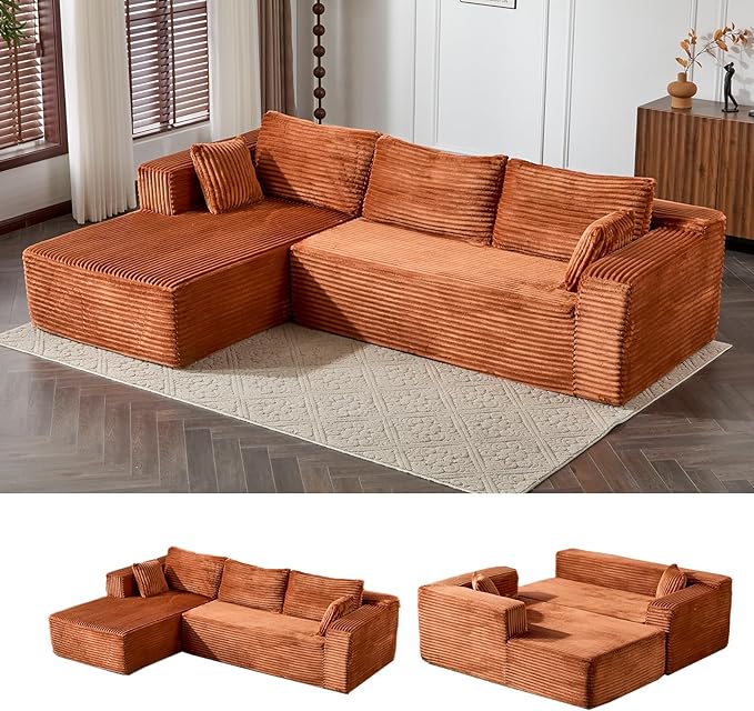 110 Modular Sectional Sofa with L-Shape Chaise Boneless Cloud Couch with Deep Seat Sponge Compression Sofas No Assembly Required Upholstered Couches for Living Room Bedroom Corduroy (Brown)