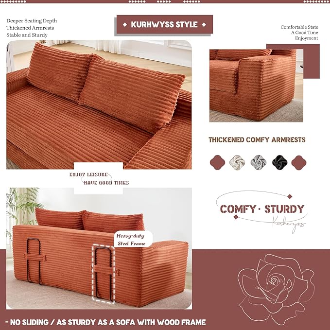 Folding Sofa Bed with Memory Foam Convertible Floor Sleeper Sofa 72 Pull Out Couch Bed with Steel Frame Modern Compressed Couch for Living Room Bedroom Apartment No Assembly (Corduroy Orange)