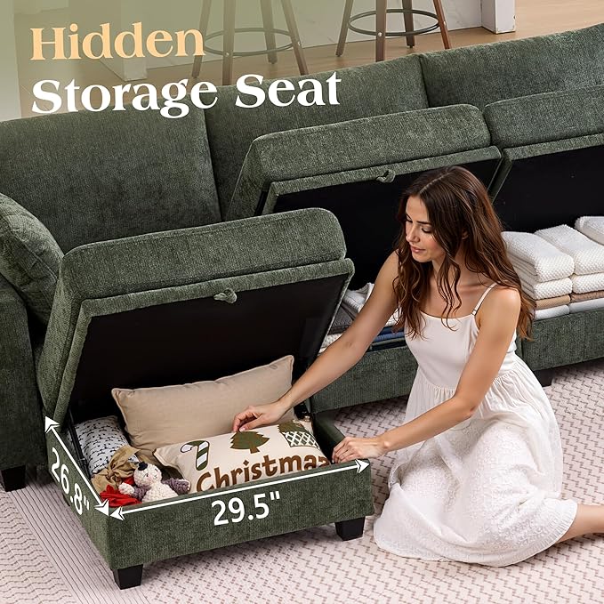 TUNYI 130 Sectional Couch with Storage Oversized Chenille Modular Sectional Sofa for Living Room Convertible Deep Seat Sofa Couches with Ottoman Armrest Pillow (Green)