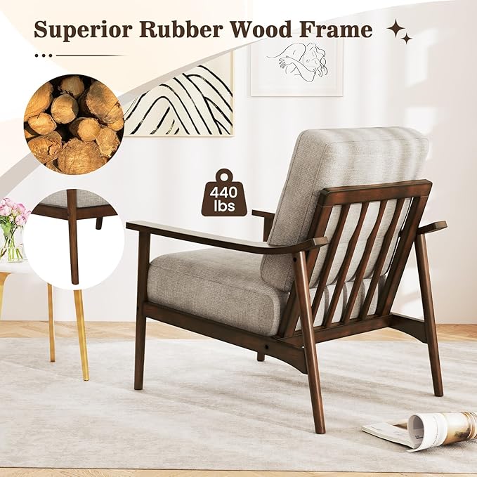 Giantex Mid Century Modern Accent Chair Max Load 440 LBS Upholstered Living Room Chair with Rubber Wood Armrests &amp Legs Removable Back Cushion Comfy Reading Arm Chair for Living Room Bedroom