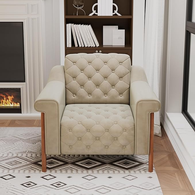 EJUNQ Cozy Accent ChairPU Leather Modern Living Room ChairsMid-Century Office Reading ChairSingle SofaArmchair for Bedroom Apartment Waiting Room(Ivory)