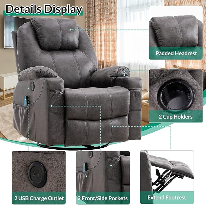 VIVIJASON Manual Massage Rocker Recliner Chair 360° Swivel Glider Lounge Chair with Heat Ergonomic Home Theater Recliner Sofa with 2 Side Pockets Cup Holders &amp USB Ports for Living Room Gray