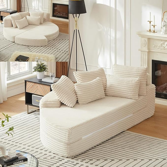 Curved Convertible Futon Sleeper Sofa Bed 78.5 Boneless Couch with Pull-Out Bed Corduroy Semi-Circular Foldable Floor Mattress for Living Room No Assembly Required Left Curved Beige