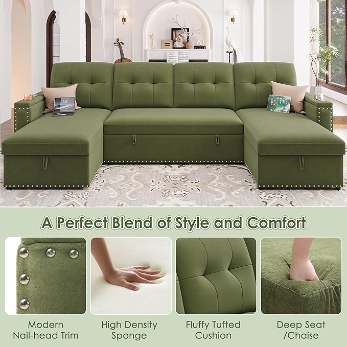HIFIT 106 Sectional Couches for Living Room- Pull Out Sleeper Sofa Couch w/Storage ChaiseStorage ArmrestLED Light&ampUSB Port&ampCupholderModern Velvet U Shaped Home Sofa Living Room Furniture S
