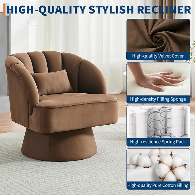 Swivel Barrel Chair - Velvet Upholstered Modern Armchair with Striped Backrest &amp Plush Padding Round Lounge Chair for Living Room Bedroom Small Spaces Brown - (2 Pcs)
