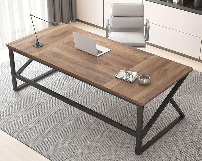 HSH Large Home Office Desk Modern Wood Metal Computer Desk for Two Person Extra Long Executive Writing Study Gaming Double Desk Workstation 70 Inch Rustic Bedroom Living Room Table for 2 Monitors