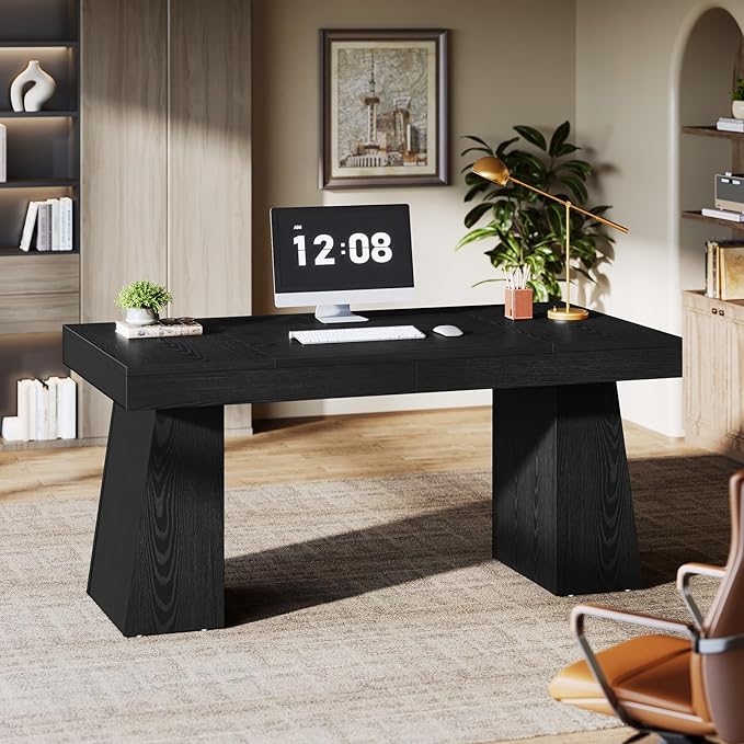 Tribesigns 55-Inch Executive Desk Thick Wood Office Computer Desk with Double Pedestal Modern Minimalist Workstations Writing Table Conference Table Furniture for Home Office Black