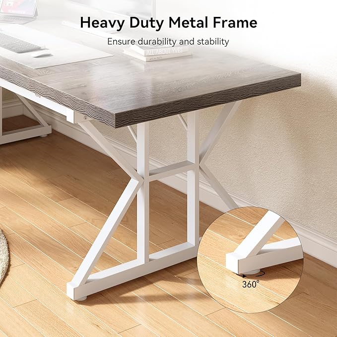 LITTLE TREE 70.8-Inch Large Executive Desk Modern Computer Office Desk Wooden Writing Desk Study Table for Home Office Grey-White