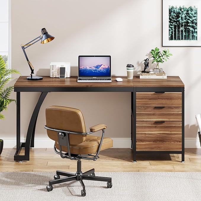 Tribesigns Computer Desk with 3 Drawers 59-Inch PC Desk with Reversible Drawers Industrial Study Writing Table Workstation with File Storage for Home Office Walnut