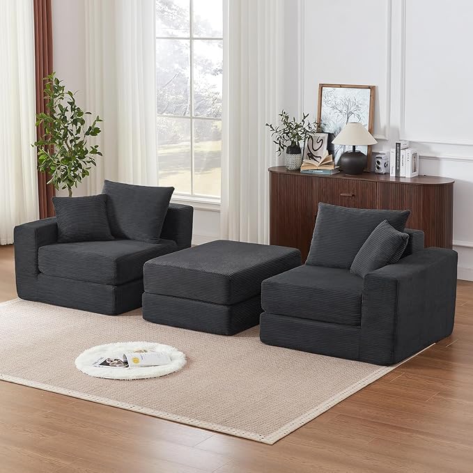 Modular Loveseat L Shaped SofaBoneless Cloud Couch with Ottoman (Deep Gray) | Freely Combination No Assemble Required Modular Design Breathable Fabric Convertible to Bed Futon Bed