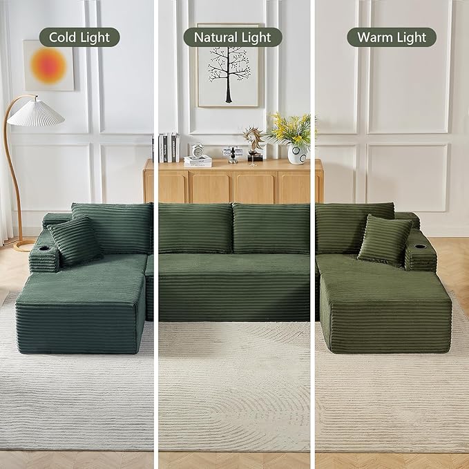 134 Oversized U Shaped Cloud Couch Boneless Modular Sectional Sofa for Living Room 5 Seat Couch with Storage Pockets &amp Cup Holders Free Combination No Assembly Required Green