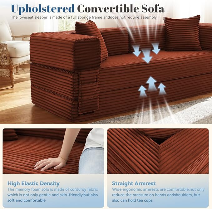 Convertible Sofa Bed5-in-1FoldIing Couch Bed with Removable ArmrestsModular Futon Sleeper Sofa in Box with Pull Out BedsCompression Boneless Couch for Living RoomOrange