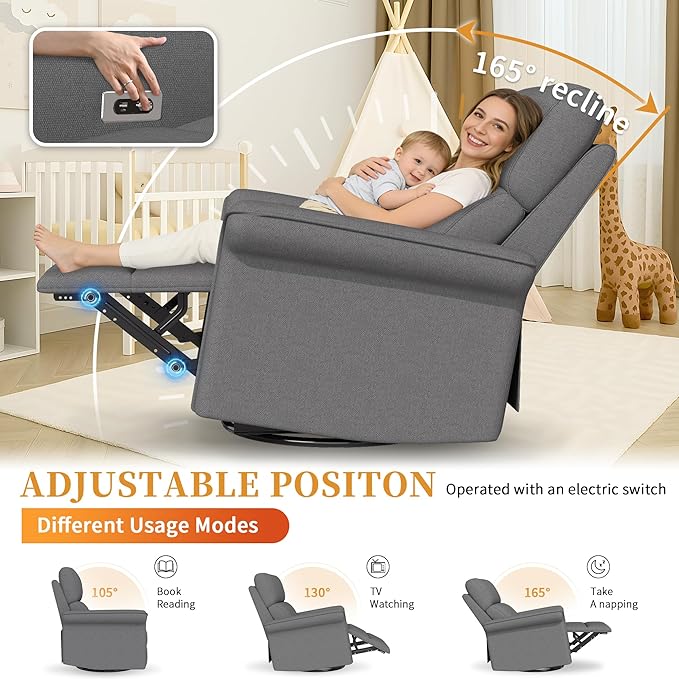 Power Swivel Rocker Recliner Chair for Nursery Oversize Upholstered Snowflake Velvet 270°Swivel Glider Rocker Chair with USB Ports Small Power Recliners for Small Spaces Living Room