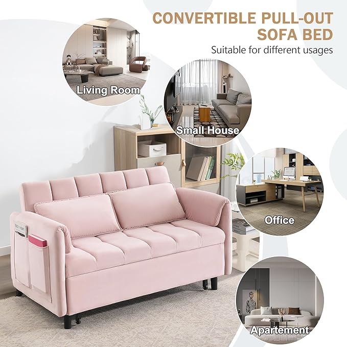 3 in 1 Convertible Sleeper Sofa Bed Modern Velvet Loveseat Pull-Out Couch Futon Love Seat Lounge Sofa with Pull-Out Bed &amp Adjustable Backrest and Side Pocket for Small Apartment Bedroom