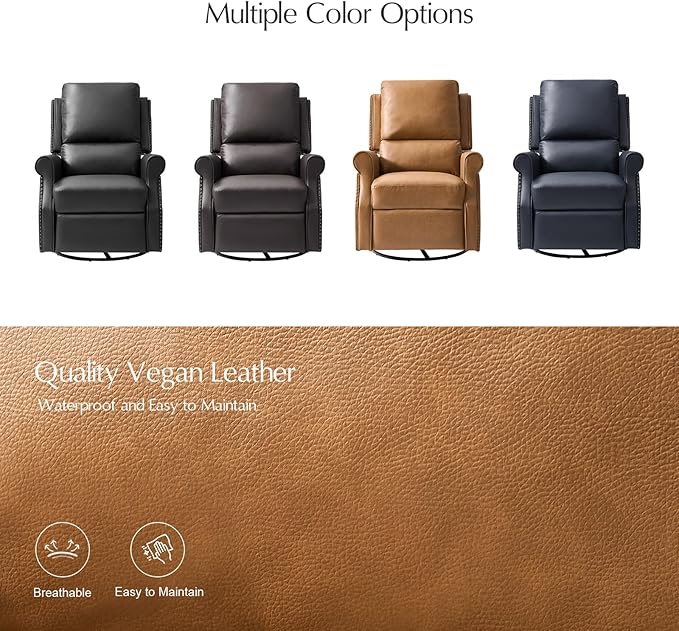 HULALA HOME Faux Leather Swivel Rocker Recliners Set of 2 with Adjustable Backrest and Footrest Push Back Recliner Chairs with Nailhead Trim Swivel Glider Rocking Chairs for Living Room Camel