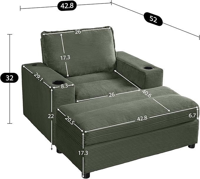 42.8 Oversized Chaise Lounge Chair with Storage Ottoman Corduroy Sofa Bed with Cup Holders &amp USB Charging Port Upholstered Sleeper Chair for Living Room Bedroom Green