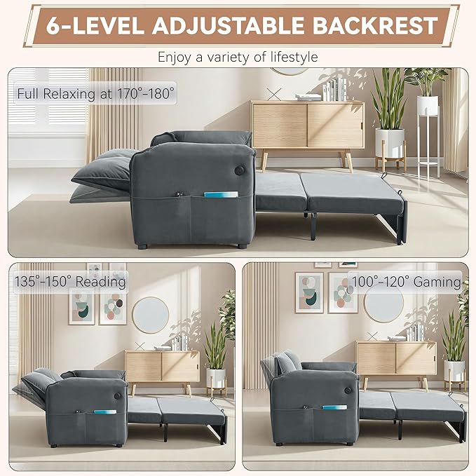 63 Velvet 3 in 1 Convertible Sleeper Sofa Bed Pull Out Couch Bed Loveseat with Adjustable Backrest Chaise Lounge USB Port &amp Side Pocket Modern Sofa for Living Room Small Spaces Gray