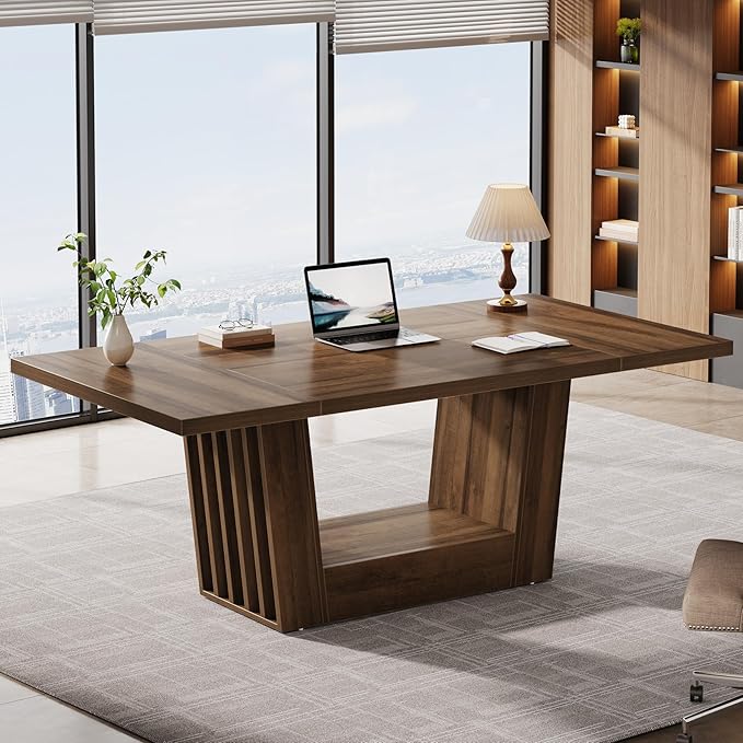 Tribesigns 63'' Wood Executive Office Desk Modern Computer Home Office Desk with Robust Base Large Wooden Conference Table Business Workstation for Home Office Walnut Brown